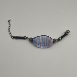 Artisan Glass Bead Bracelet Sterling Silver Chain Blue Pink‎ Handmade Unique
